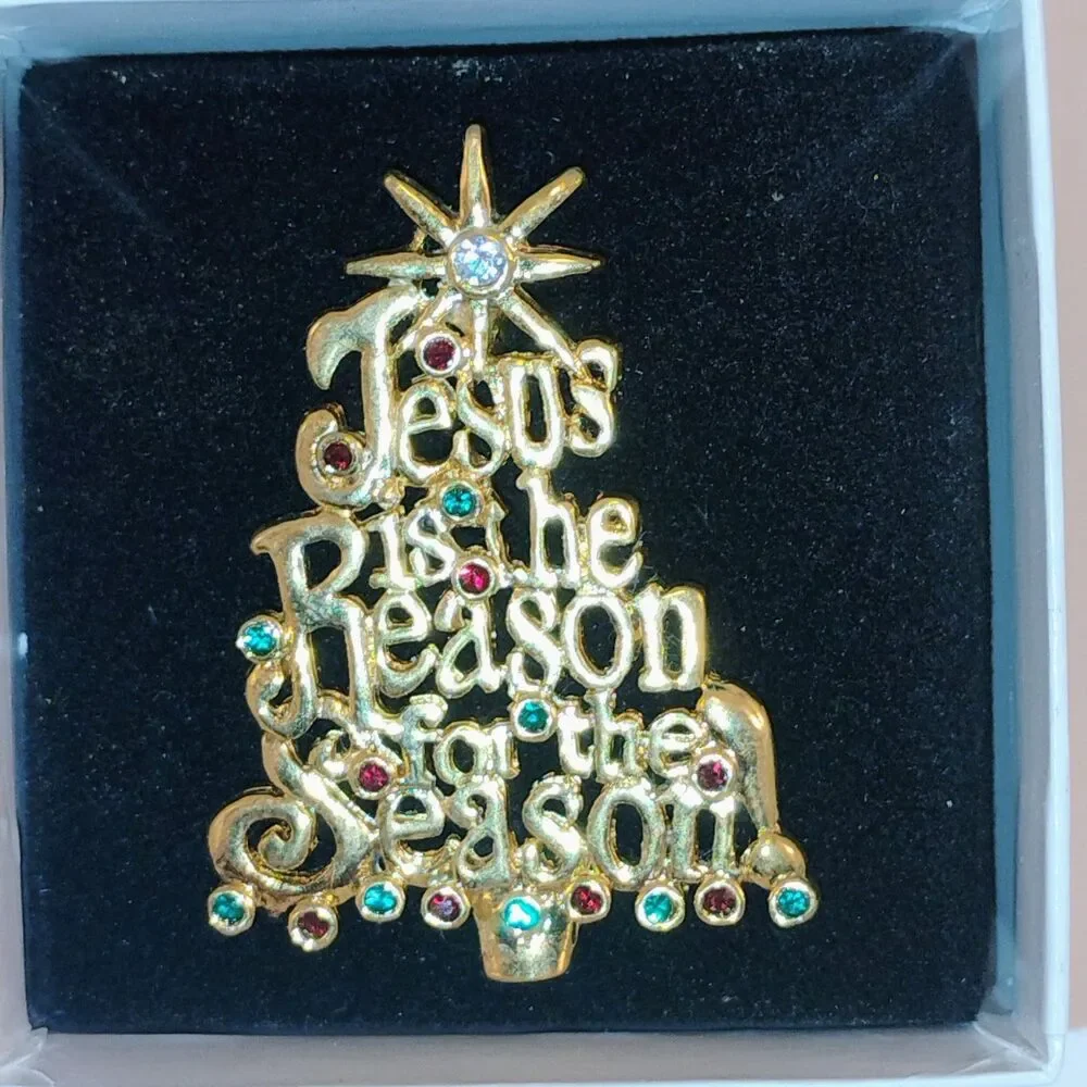 Vintage Christmas Tree Brooch “Jesus Is the Reason for the Season” +  NOS